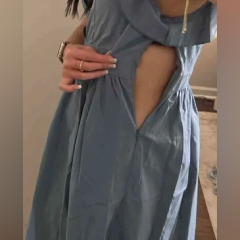 NWOT, Shein, Size L, Plunging Neck Flutter Sleeve Dress in Cadet Blue - Picture 7 of 7